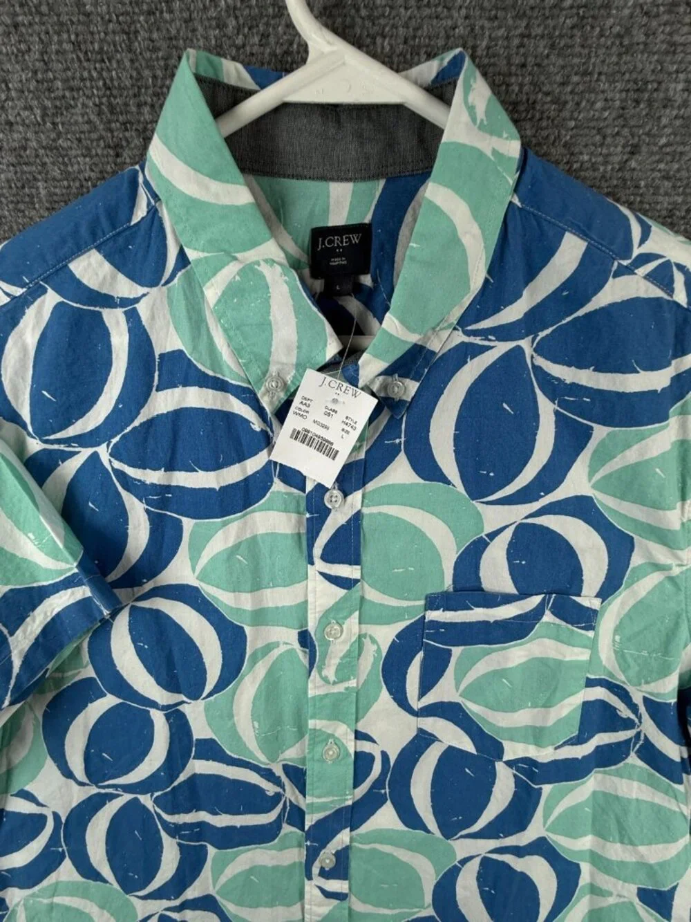 NWT J Crew Men Large Blue Geometric Beach Theme Short Sleeve Button Up Shirt